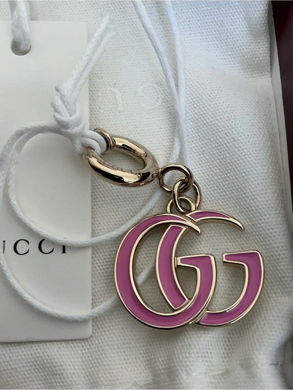 NEW IN BOX GUCCI PINK ENAMEL DOUBLE G LOGO BAG CHARM